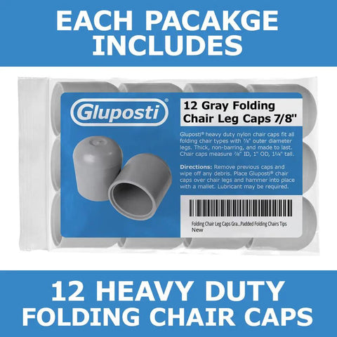 Gray 7/8 Inch Folding Chair Leg Caps 12 Pack Built Tough Heavy Duty Nylon Non Marring Floor Protectors For Metal And Padded Folding Chairs 1 1/4 Inch Tall 1 Inch Outer Diameter package.