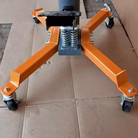 Cast Iron Transmission Jack Casters, 12mm Stem, 2.1 In Wheel Diameter, installed on orange transmission jack base
