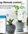 Intelligent Soil Moisture Sensor 3 Pack With Capacitive Probes, Zigbee Hub Required, shown in a potted plant with app display.