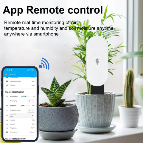 Intelligent Soil Moisture Sensor 3 Pack With Capacitive Probes, Zigbee Hub Required, shown in a potted plant with app display.