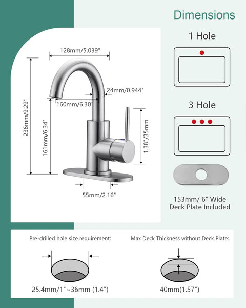 Diagram showing dimensions of Single Handle Swivel Spout Bathroom Sink Faucet With Pop Up Drain Overflow And Flexible Supply Hose