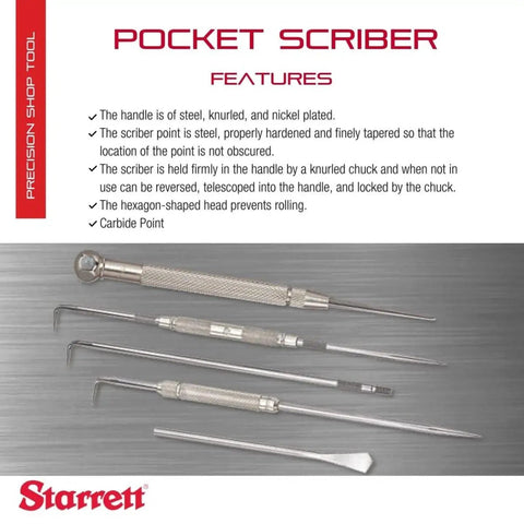 Carbide Pocket Scriber with hex head and knurled nickel plated steel handle, shown with features for metalworking precision marking.