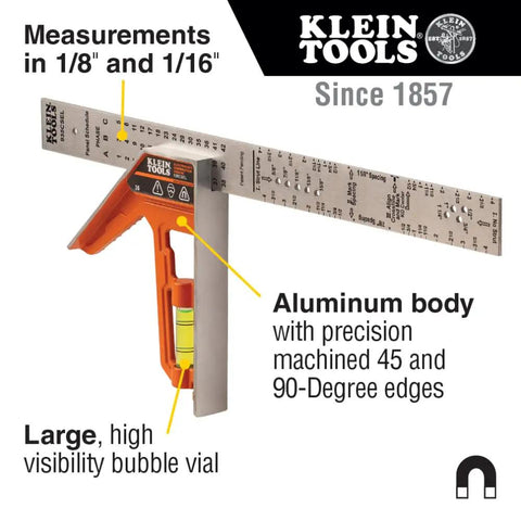 935CSEL Magnetic Combo Square Ruler For Electricians And Carpenters, Aluminum Double Sided Layout Tool with bubble level, 45/90 degree edges