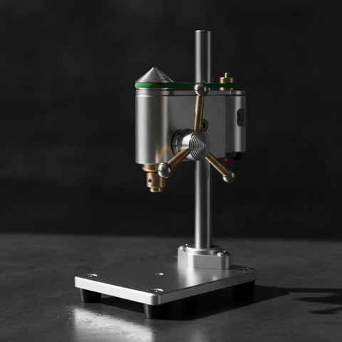 Precision Mini Bench Drill Press With 12V Power Supply For Watch Repair And Tiny Electronics, aluminum alloy body, brass chucks, compact design.