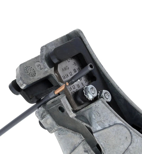 Close-up of Stripmaster Wire Stripper For 10-22 AWG One Step Precision Stripping, showcasing gauge markings and wire placement.