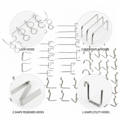 Heavy Duty Metal Shelf Hooks 50 Pack For Pegboard Displays, assorted silver hooks and brackets for organizing tools, 9.8 x 3.9 x 1.2 in