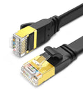 CAT8 Ethernet Cable 2 Pack Premium Flat LAN Cable For High Speed Internet 40Gbps 2000MHz SFTP Supports 1.5ft To 100ft Lengths Lag Free For Gaming And Streaming At Home, featuring gold-plated connectors and black flat cable design.