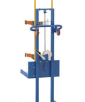 Beefed Up Heavy Duty Gas Cylinder Lifter 500 Lb Capacity Steel Hand Crank Lift with smooth rolling and safety straps, blue yellow