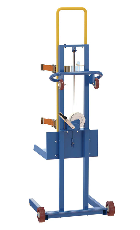 Beefed Up Heavy Duty Gas Cylinder Lifter 500 Lb Capacity Steel Hand Crank Lift with smooth rolling and safety straps, blue yellow