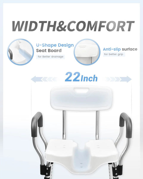 Heavy Duty Shower Chair With Back And Arms For Inside Showers, Non Slip Aluminum Bath Seat With Wall Mount Handle, Ideal For Handicap And Elderly, Includes Bath Ball, 330 Lb Capacity
