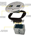 Exploded view of Floor Kit With Recessed Duplex 15A TR Device And Adjustable Steel Box 1 Gang Nickel Finish Tamper Resistant Receptacle.