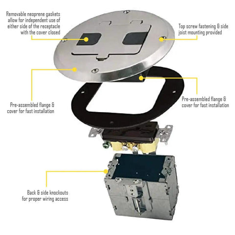 Exploded view of Floor Kit With Recessed Duplex 15A TR Device And Adjustable Steel Box 1 Gang Nickel Finish Tamper Resistant Receptacle.