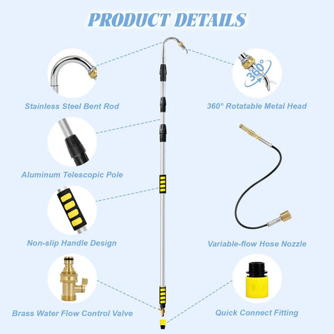 16Ft Telescoping Gutter Cleaning Tool from Ground with Up to 24Ft Reach Bendable Flexible Wand metal features overview