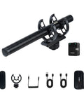 D2 Wireless Shotgun Microphone with Hypercardioid Condenser Pickup for Cameras Smartphones PCs and DSLRs, accessories shown