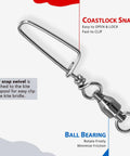 Ball Bearing Fishing Swivel With Welded Ring And Coastlock Snap For Kite Lines And Tackle Coppery Stainless Steel Corrosion Resistant Easy Open Coastlock Snap Size 8 200 Lb 10 Pack