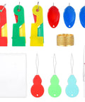 10 Pack Automatic Needle Threader Set Easy No Fuss Needle Threading Tool for Sewing and Embroidery Plastic Threaders for Seniors and Visually Impaired Colorful Mix of Green Yellow Red displayed with accessories