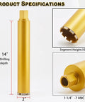 2 Inch Wet Core Drill Bit for Concrete with Rebar, 14 Inch Drilling Depth, 1-1/4 to 7 Thread Arbor, side view