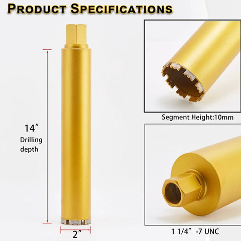 2 Inch Wet Core Drill Bit for Concrete with Rebar, 14 Inch Drilling Depth, 1-1/4 to 7 Thread Arbor, side view