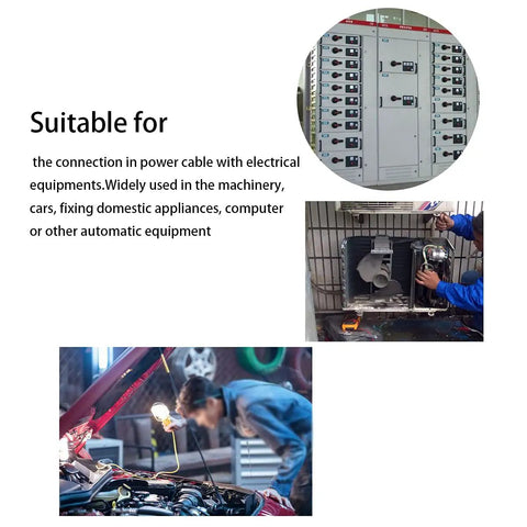 Collage showing electrical panel, technician repairing appliance, and mechanic working under car hood, depicting use of spade crimp terminals.