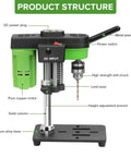 Mini Bench Drill Press For DIY Jewelry Making And Metal Wood Craft, Compact benchtop drill with labeled parts including DC power plug.