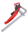 Heavy Duty Ratcheting Table Clamp With Aluminum Alloy Guide Rail And Chrome Vanadium Steel Pro Tool Killer Grip For Woodworking Projects And Cabinet Making 16Cm Opening Works Like A Champ with red handle and silver clamp.