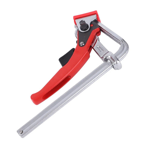 Heavy Duty Ratcheting Table Clamp With Aluminum Alloy Guide Rail And Chrome Vanadium Steel Pro Tool Killer Grip For Woodworking Projects And Cabinet Making 16Cm Opening Works Like A Champ with red handle and silver clamp.