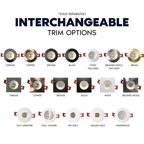Interchangeable trim options for Top Shelf 2 Inch Canless Led Recessed Lights, featuring various finishes and styles.