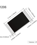 1206 SMD resistor, black thick-film chip with silver end caps, approx 3.1 × 1.55 × 0.55 mm