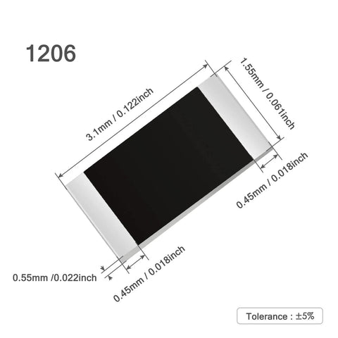 1206 SMD resistor, black thick-film chip with silver end caps, approx 3.1 × 1.55 × 0.55 mm
