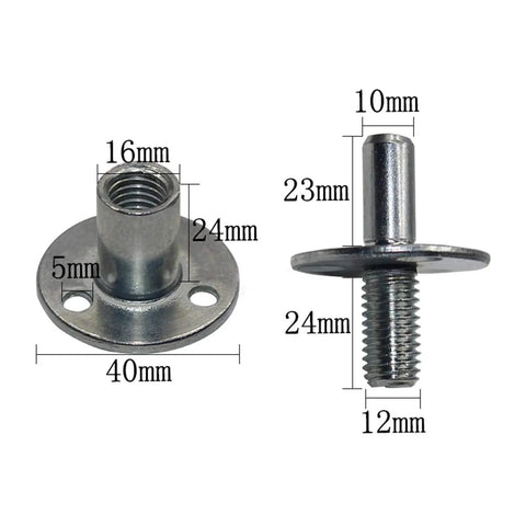 Straight Up Heavy Duty M12 Bedpost Connector Nuts For Furniture Assembly Zinc Plated Screw showing measurements, two fittings, and steel construction.