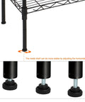 Hassle Free Five Tier Floor Standing Carbon Steel Storage Rack With Heavy Duty Adjustable Wire Shelving Rig and Sturdy Mesh Guardrails, showcasing adjustable foot for stability.