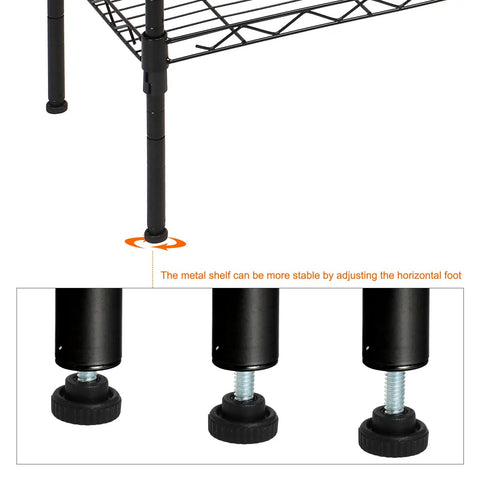 Hassle Free Five Tier Floor Standing Carbon Steel Storage Rack With Heavy Duty Adjustable Wire Shelving Rig and Sturdy Mesh Guardrails, showcasing adjustable foot for stability.