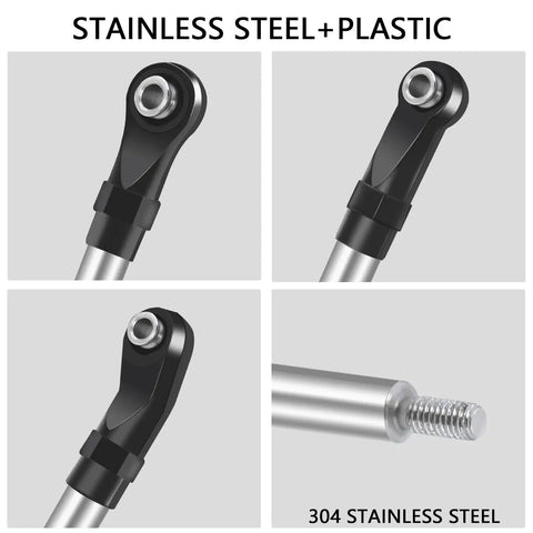 Close-up of 313mm and 324mm metal link set steering rod kit with nylon end caps for 1x10 RC crawler, stainless steel build.