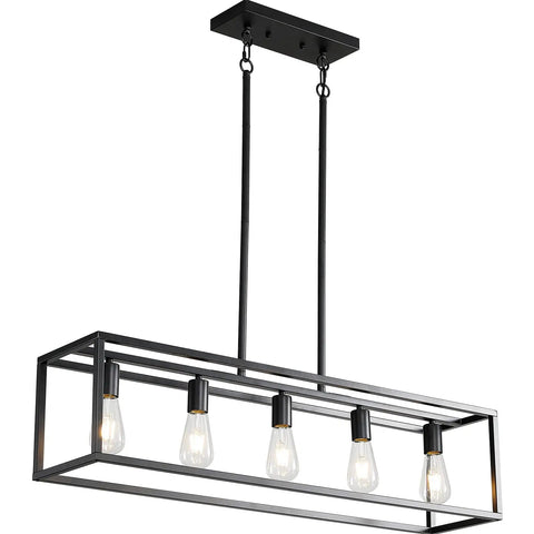 Farmhouse Kitchen Island Light With Black Matte Finish, Modern Industrial Five Light Linear Pendant Fixture showcased from front view