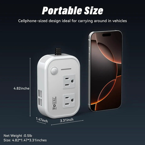 Slick 200W Car Power Inverter With Four Usb Ports And Dual Ac Outlets Transforming 12V Dc Into 110V Ac No Sweat Setup For Laptops Cpaps Game Consoles And Tailgate Parties White shown beside a cellphone for size reference.