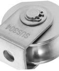 Close-up of industrial grade pulley from 2-Pack Heavy Duty Stainless Steel Pulley Wheels For Sliding Doors And Wire Rope Lifting.