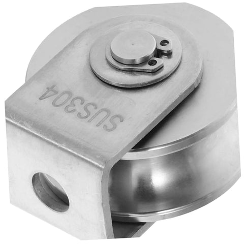 Close-up of industrial grade pulley from 2-Pack Heavy Duty Stainless Steel Pulley Wheels For Sliding Doors And Wire Rope Lifting.