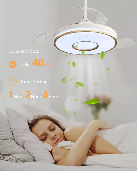 42 Inch Smart Ceiling Fan With Remote And Lights, Modern Chandelier Style, installed above a sleeping person, white brass finish