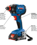 Two-In-One 18V Impact Driver Kit with 1/4 Inch Quick-Change Hex and 1/2 Inch Drive, ergonomic grip, LED light, belt clip visible