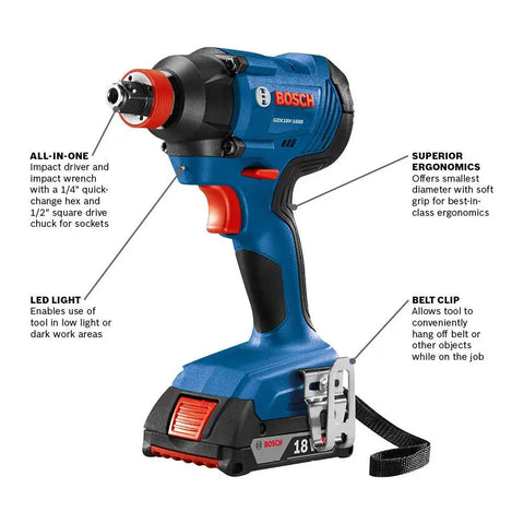 Two-In-One 18V Impact Driver Kit with 1/4 Inch Quick-Change Hex and 1/2 Inch Drive, ergonomic grip, LED light, belt clip visible