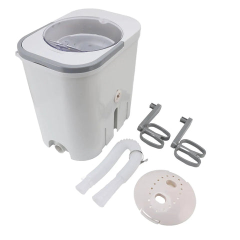 No Fuss Portable Clothes Washer Game Changing Hand Crank Operation, compact white washer with accessories for laundry care.