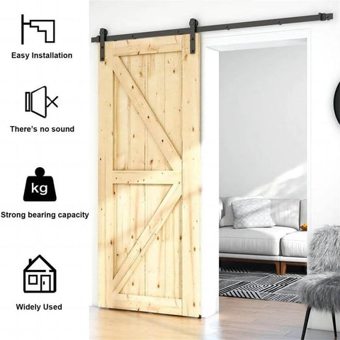 Sturdy Barn Door Hardware Kit With Smooth Sliding Track And Durable Steel Rail Roller Set For Kitchen Living Room Or Closet Doors Rust Resistant Black Finish Easy Mount 1.83m Length Heavy Duty installed on a wooden door in living room