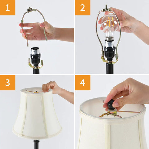 Assembly steps for Two Pack Vintage Style Buffet Table Lamps For Living Room And Bedroom, showing lamp harp, bulb, shade, and finial.