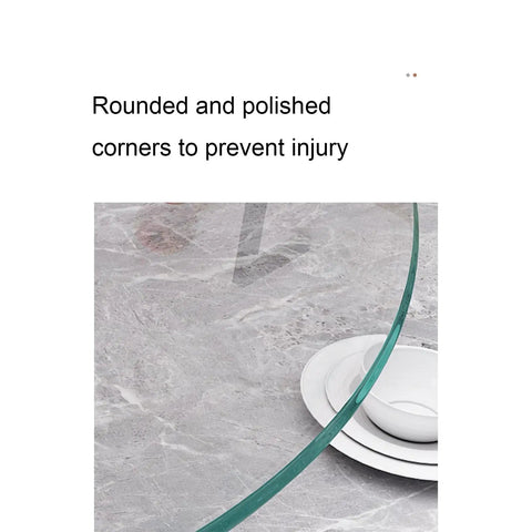 Tempered Glass Lazy Susan Turntable With Aluminum Swivel Bearing, showing rounded edge on marble surface.