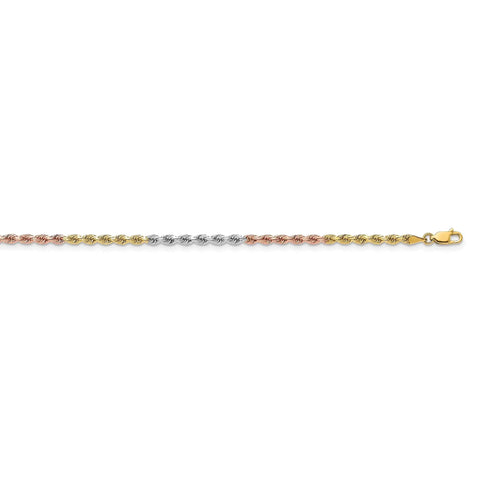 Fresh 14K Gold Tri Color Rope Chain Necklace 3MM Wide 24 Inch Length, diamond cut gold, silver, and rose gold design.