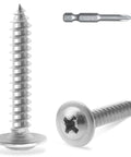 Close-up of Heavy Duty 410 Stainless Steel Self Tapping Wood Screws Size 8 X 1 Inch with Phillips screwdriver bit.