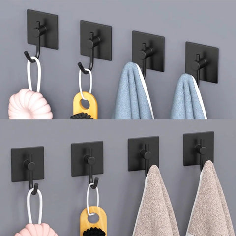 Heavy Duty J Shape Towel Hooks 6 Pack Black Aluminum Self Adhesive Wall Mounted Coat Robe Hooks with towels and sponges