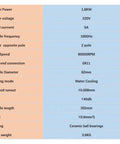 Specifications table for Beefed Up 1.8KW ER11 Automatic Tool Change CNC Spindle With ATC Water Cooling 220V 10000 to 60000 RPM