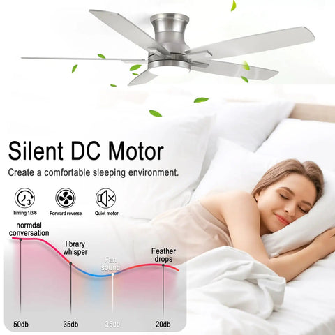 52 Inch Flush Mount Brushed Nickel Ceiling Fan With Light And Remote, Ultra Quiet DC Motor, ideal for comfortable sleep
