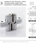 Beefy 180 Degree Concealed Door Hinge For Heavy Doors, Built In Stainless Steel Hidden Cross Gemel, shown with measurements.